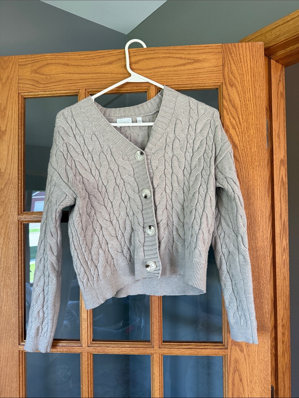 Cyrus Taupe Cable-Knit Button Cardigan